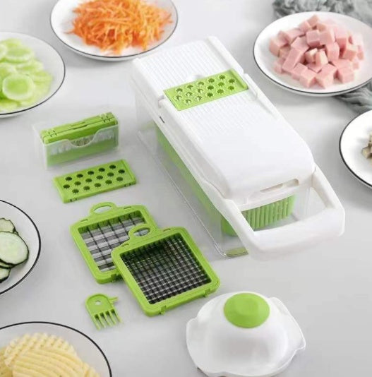 Multifunctional Vegetable Cutter & Kitchen Grater Set – 6 Interchangeable Blades, Hand Guard, Grinder & Storage Container