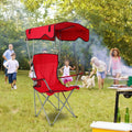 Red big folding chair with canopy in a park setting with people and a dog.