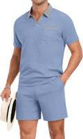 Men'S Summer Track Suits Waffle Knit Polo Shirt and Shorts Set Casual 2 Pieces Outfits with Pockets