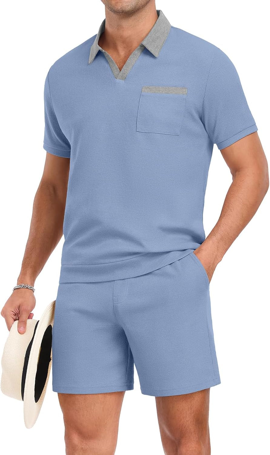 Men'S Summer Track Suits Waffle Knit Polo Shirt and Shorts Set Casual 2 Pieces Outfits with Pockets
