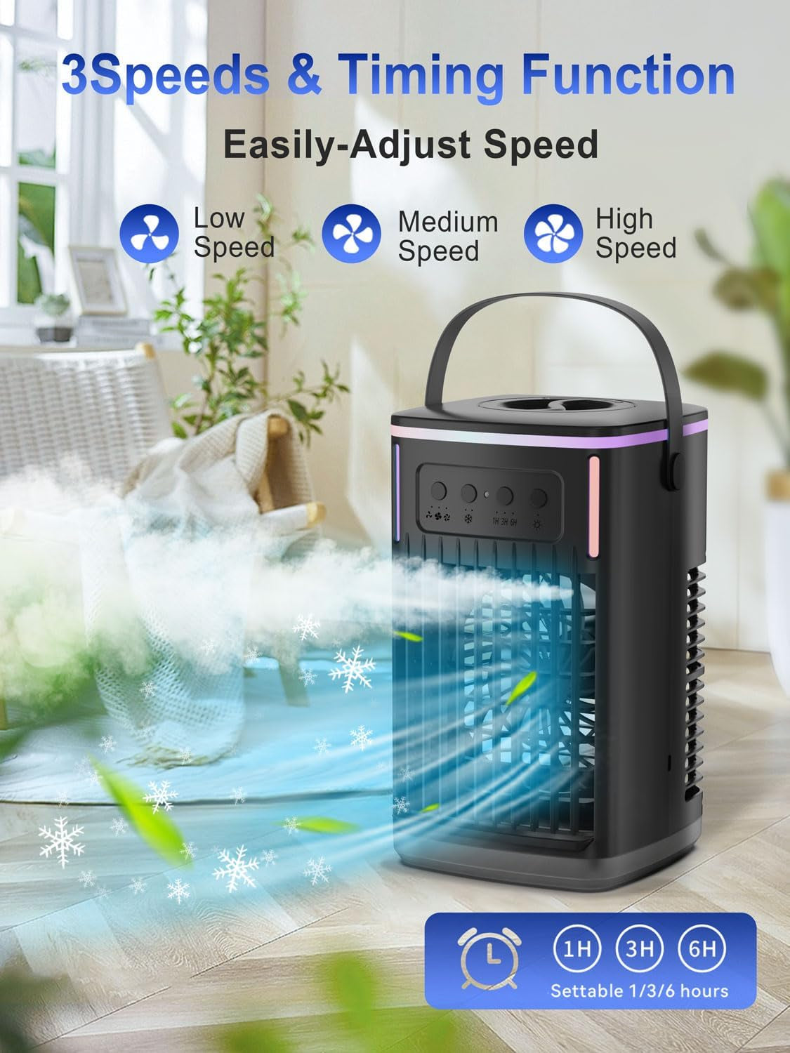 Portable Air Conditioners Fan with Remote,1500Ml Tank, 1-6H Timer, 3 Wind Speeds, Personal Mini Air Cooler with Humidifier for Room Bedroom Desktop Office (Black)