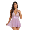 Lingerie for Women Lace Chemise Halter V Sexy Sleepwear with Garter Belt with Thong, Purple M