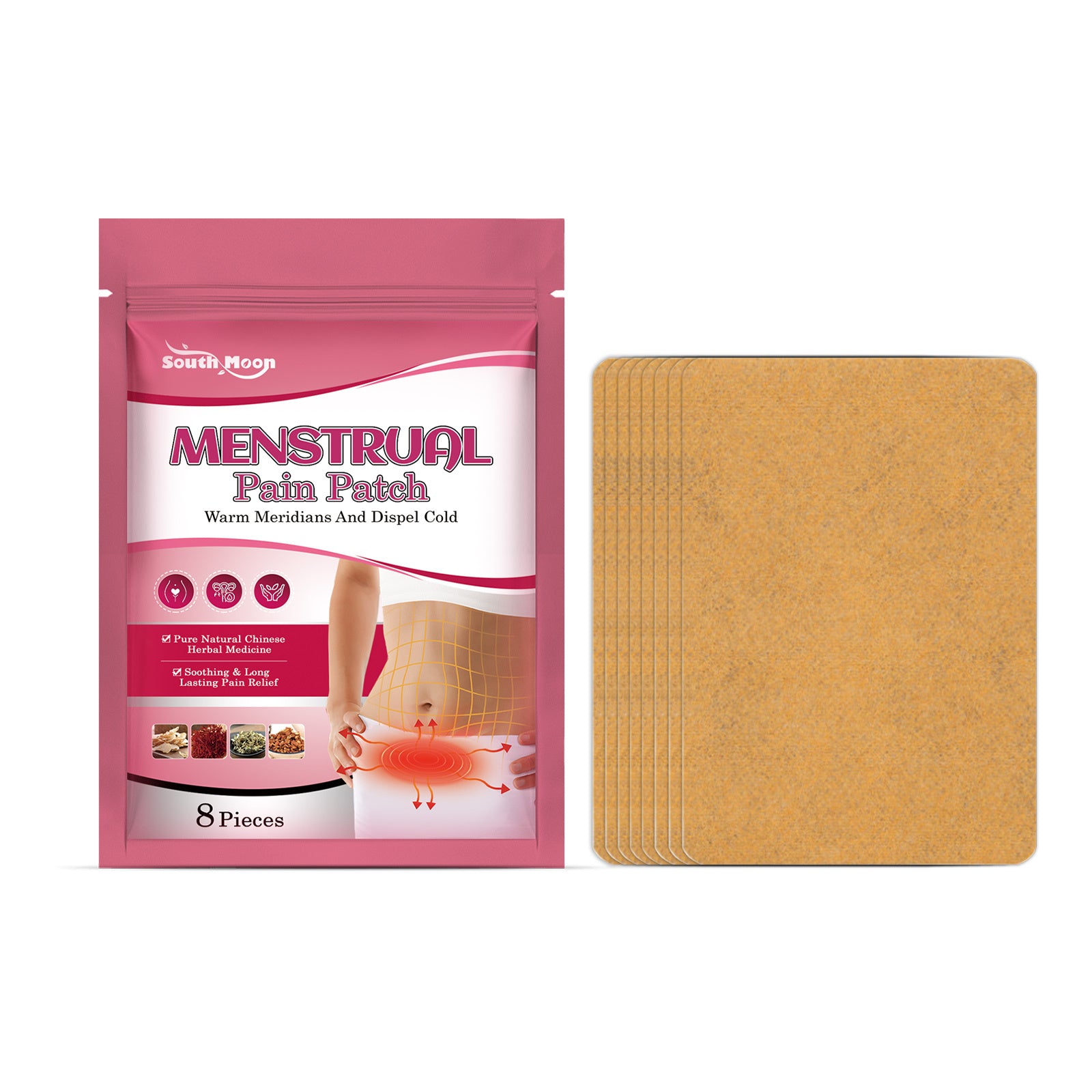 menstrual pain relief patch packaging with patches on a white background