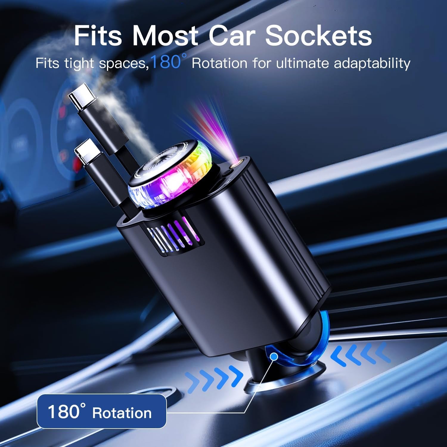 Retractable Car Charger with Starlight Essential Oil Diffuser, USB C Car Charger Adapter, Compatible with Iphone 16/16 Pro Max/15/14/13/12/11, Samsung Galaxy S24/S23/S22/S21, Pixel