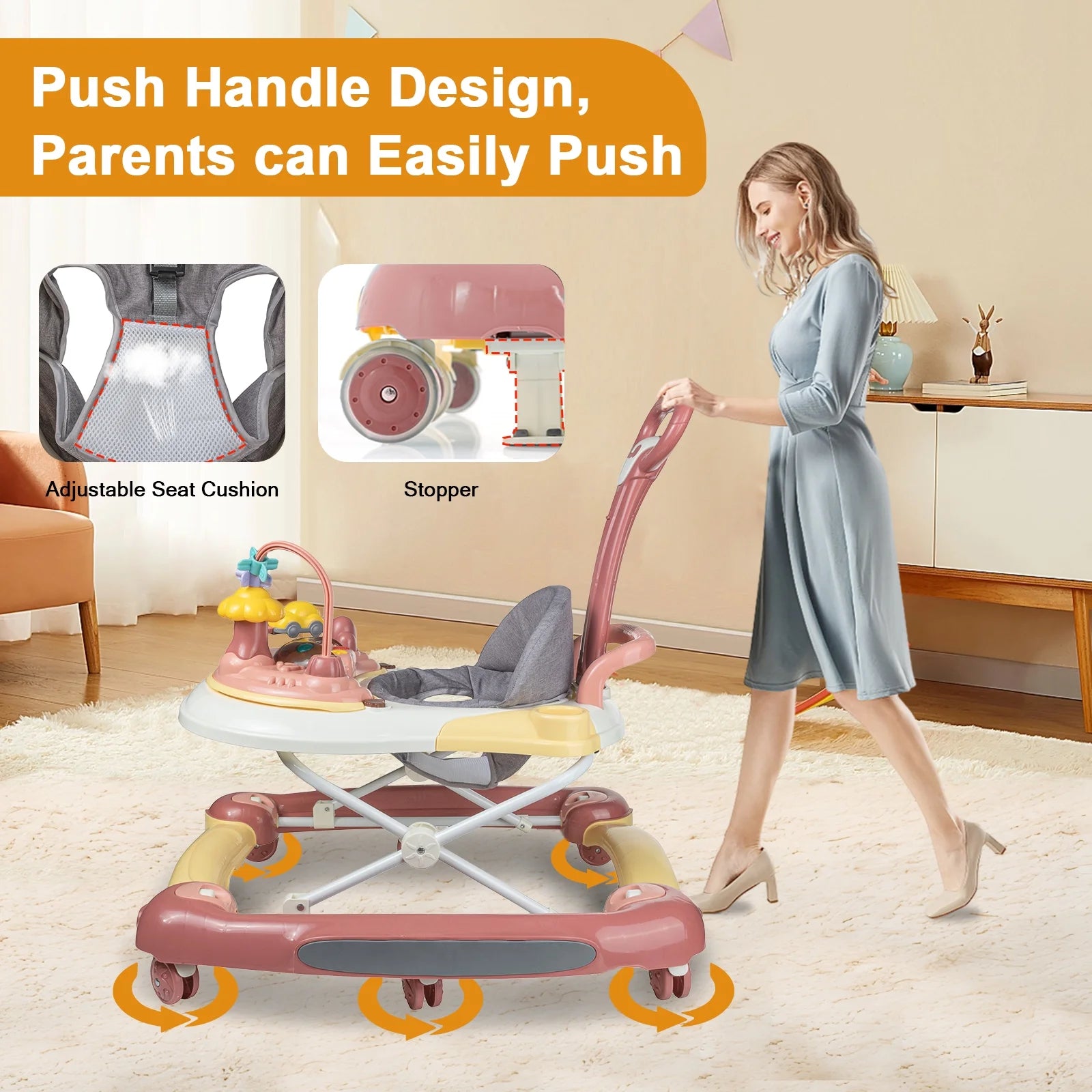 5-In-1 Baby Walker with Wheels,Infant Toddler Walkers Bouncer for Boys Girls,Pink
