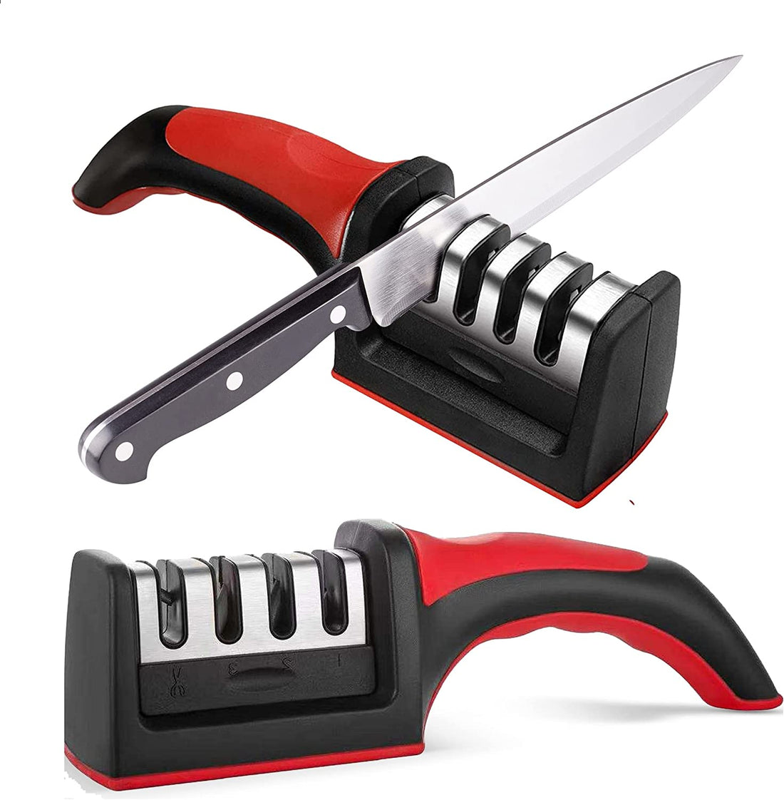 Knife Sharpeners for Kitchen Knives– Stainless Steel 4 In1 Kitchen Knife Sharpener – Ergonomic and Easy to Use Knife Sharpening Kit with 4 Stage Sharpening Slots Black
