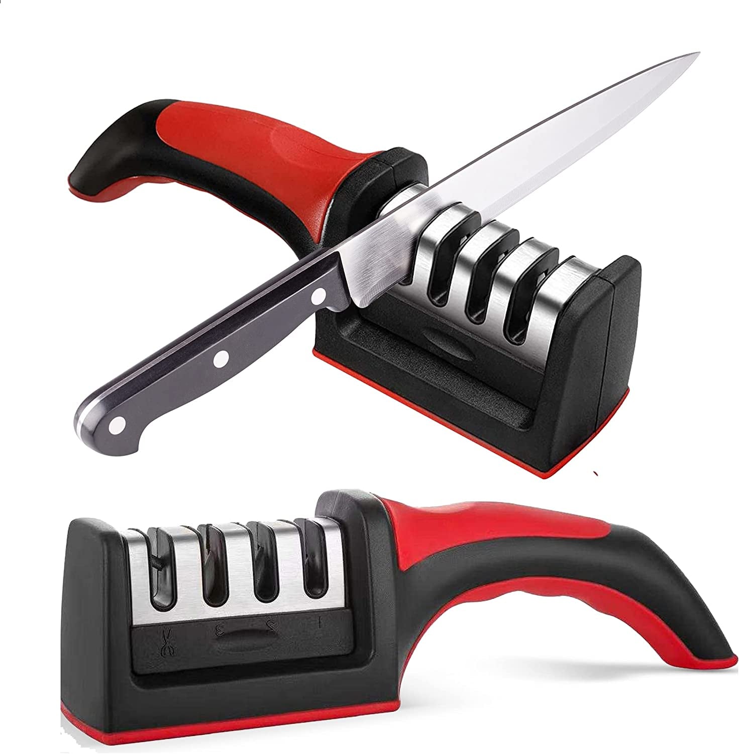 Knife Sharpeners for Kitchen Knives– Stainless Steel 4 In1 Kitchen Knife Sharpener – Ergonomic and Easy to Use Knife Sharpening Kit with 4 Stage Sharpening Slots Black