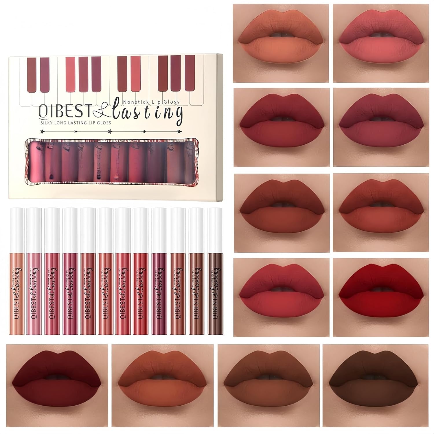 12PCS Matte Liquid Lipstick Set Non-Stick Cup and Not Fade Pigmented Lipstick Long-Lasting Waterproof Velvet Lipgloss Kit Makeup for Girls and Women (Set 01)