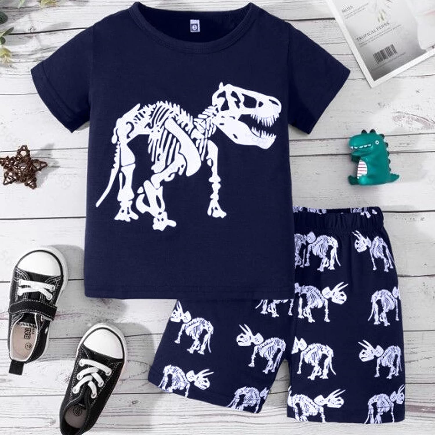2023 Toddler Kids Boys Summer Short Sleeve Dinosaur T Shirts Tops Shorts Outfits Clothes Set 2 to 7 (1-White, 4 Years)