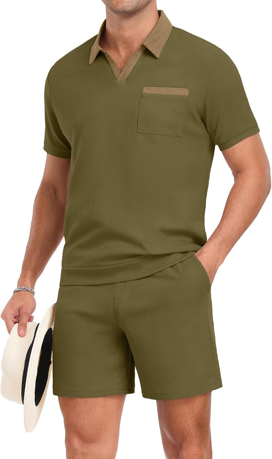 Men'S Summer Track Suits Waffle Knit Polo Shirt and Shorts Set Casual 2 Pieces Outfits with Pockets