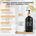 Hand and Dish Soap Dispenser for Kitchen - Glass Soap Dispenser Set with Wood Tray - Modern Boho Decor (Black & White)