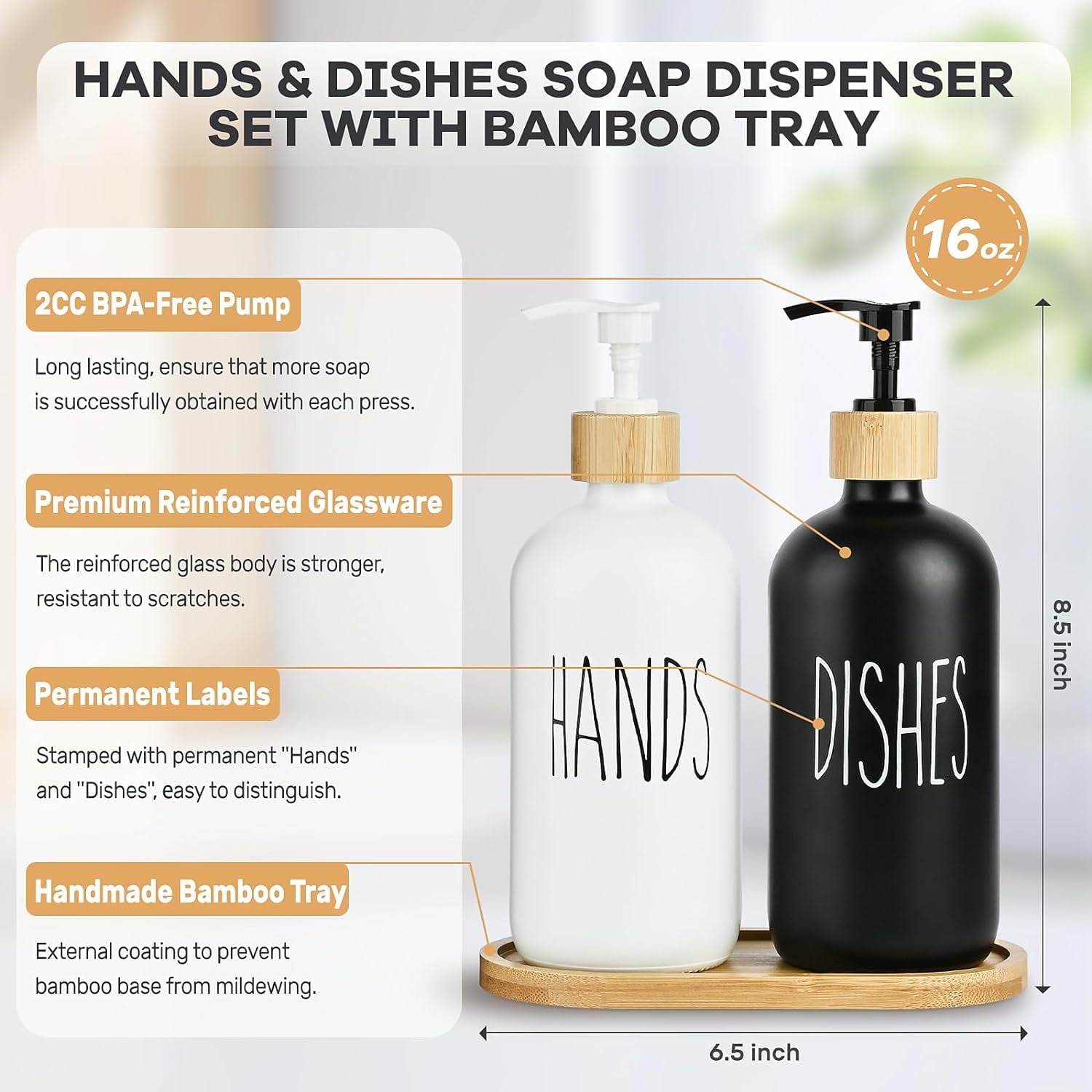Hand and Dish Soap Dispenser for Kitchen - Glass Soap Dispenser Set with Wood Tray - Modern Boho Decor (Black & White)