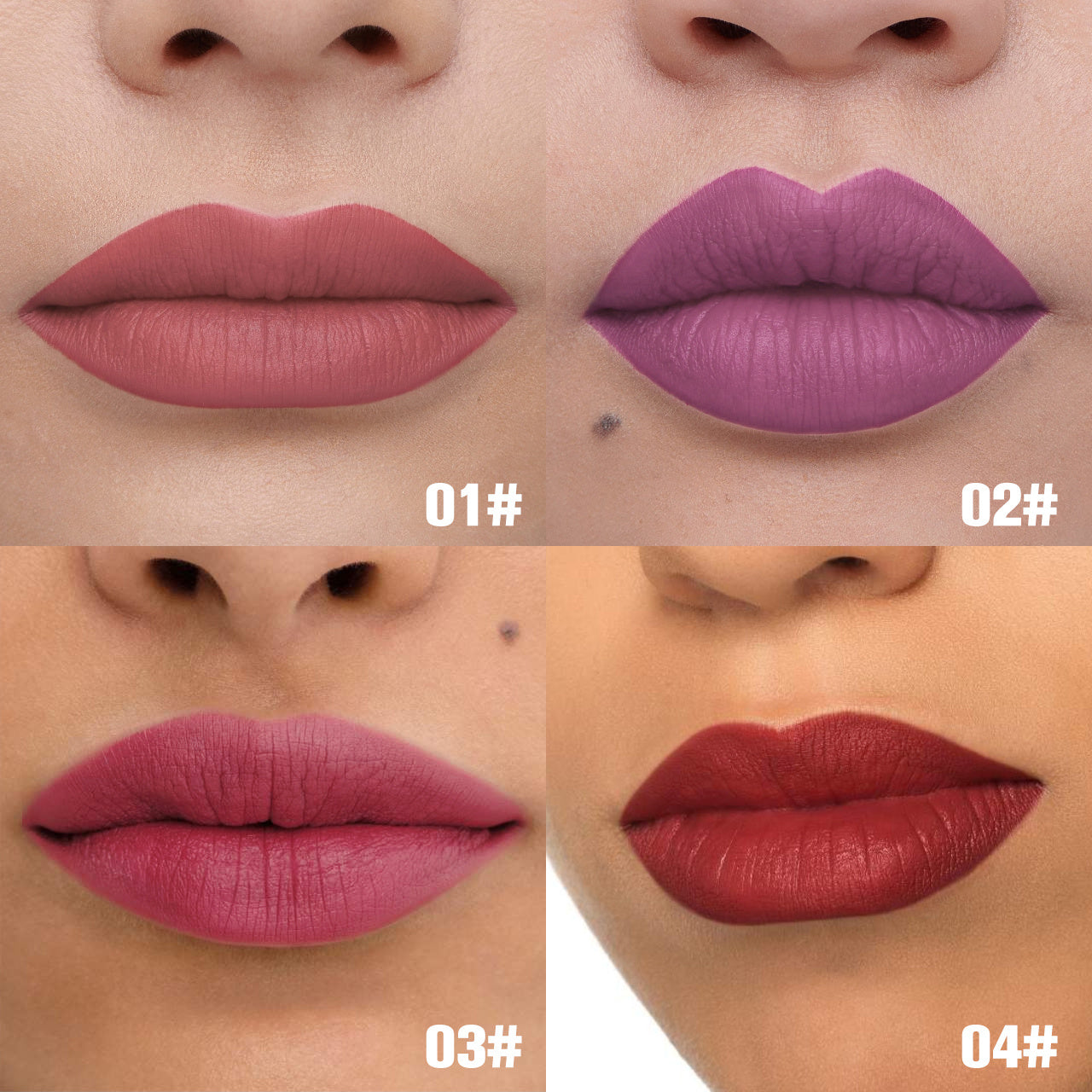 Four different shades of lipstick on a person's lips with color codes.