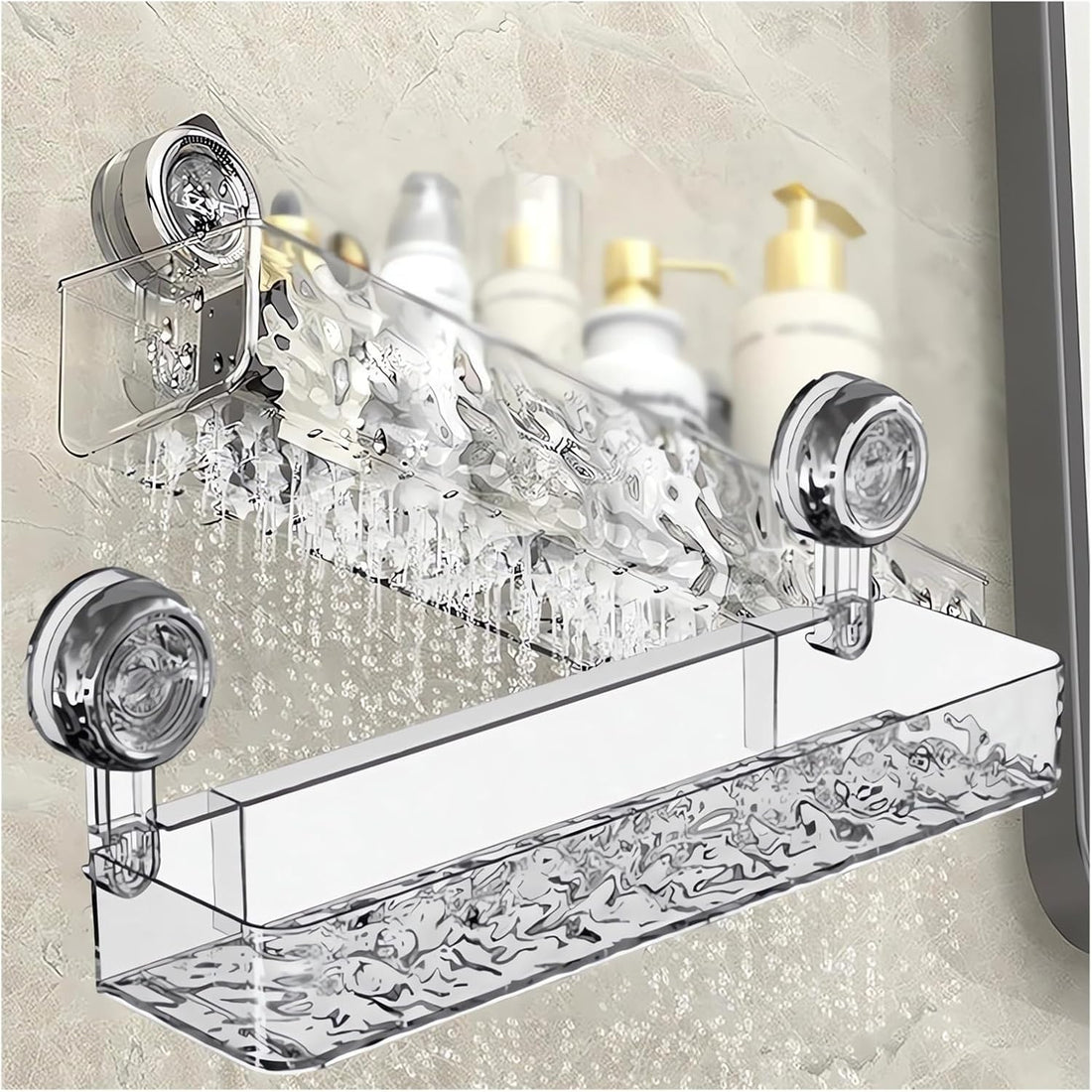 Corrugated Suction Cup Storage Holder Corner Shower Caddy Large Organizer Bathroom Shelf Clear Acrylic Shower Tray Shelves inside Floating Shower Wall Shelf Bath Basket Rack Heavy Duty (Rect-Clear)