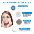 top rated facial cleansing brush, a skincare tool with product details and a woman using the tool.