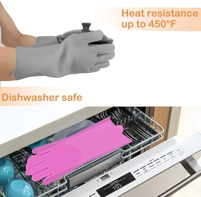 Gray heat-resistant gloves and pink silicone mat with dishwasher safe and heat resistance text.