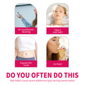 Four panel illustration showing bad habits related to abdominal pain during menstruation.