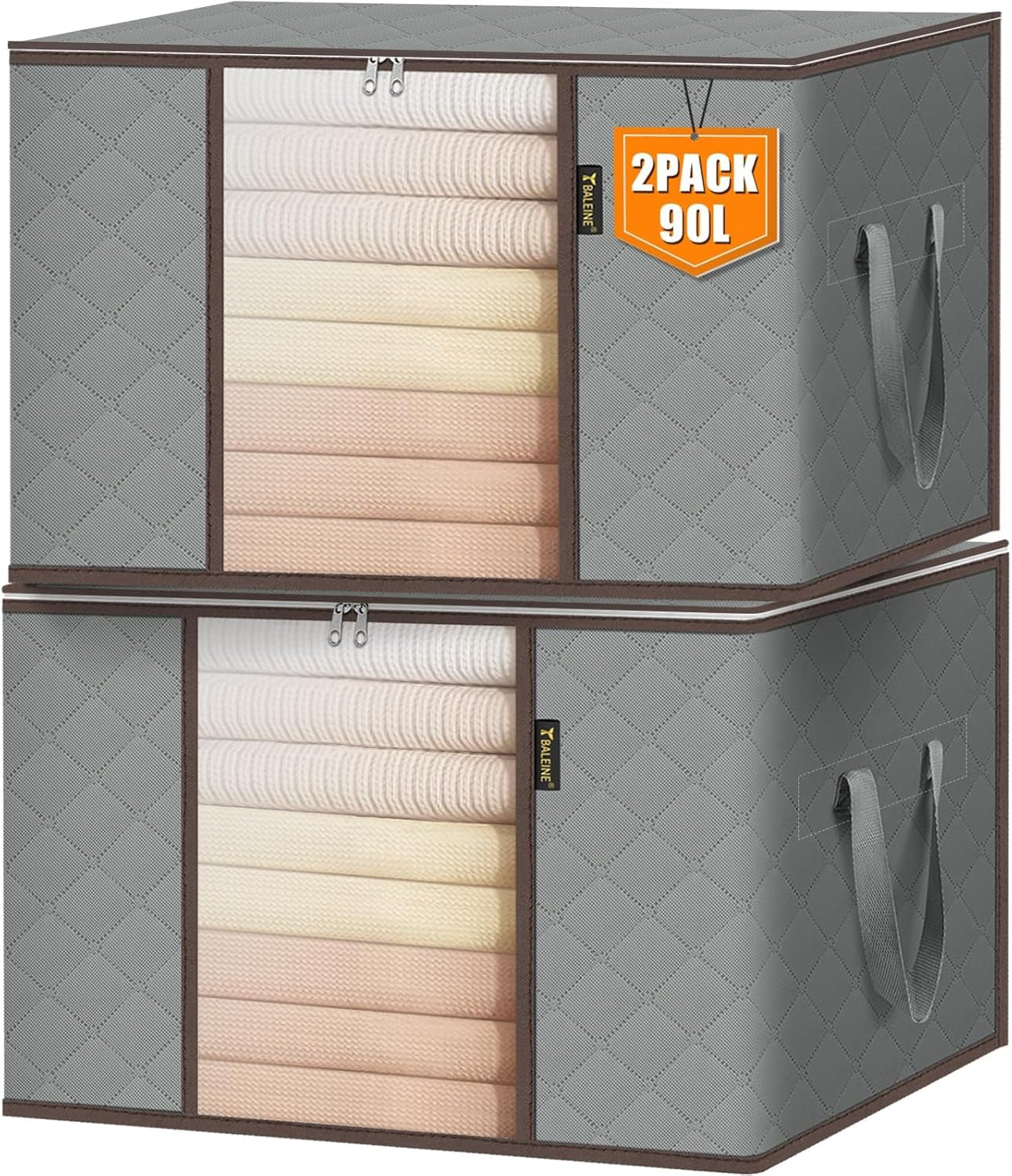 2 Pack Clothes Storage Bags, 24 Gallon Storage Containers with Reinforced Handle, Sturdy Zipper, Closet Organizer for Blanket, Comforter, Pillow, Bedding (Grey, 2 Pack)
