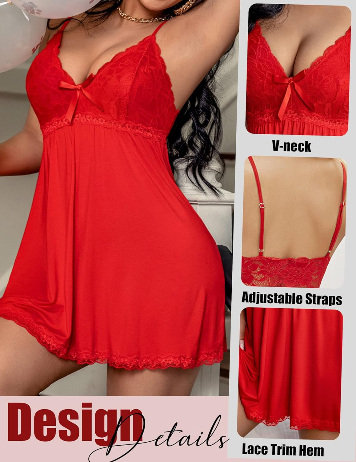 Women Nightgown Sexy Sleepwear Lace Chemise V-Neck Modal Babydoll Lounge Dress