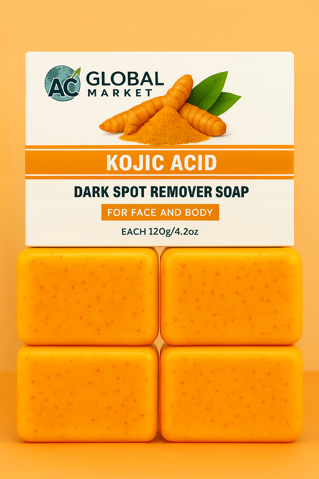 4 Bars Kojic Acid Turmeric Dark Spot Remover Soap for Face & Body Glow Skin (120g / 4.2oz)
