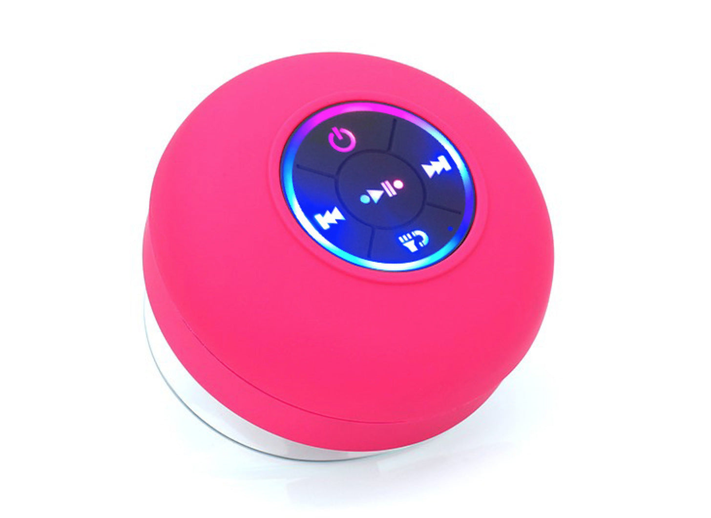 Pink Bluetooth speaker with control buttons on a white background