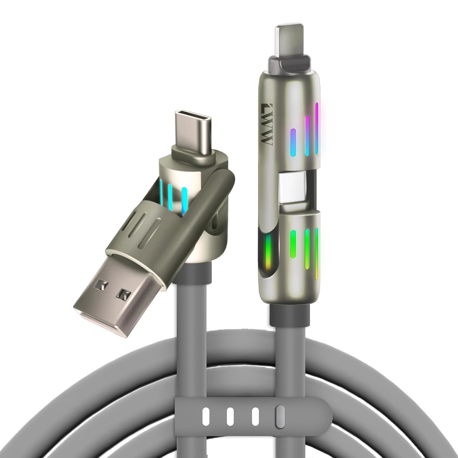 240W 4-In-1 USB C Multi Charger Cable with LED Indicator, PD 5A Fast Charging & Data Sync, Silicone, Compatible for Iphone, Samsung, Laptop, 4FT (Purple)