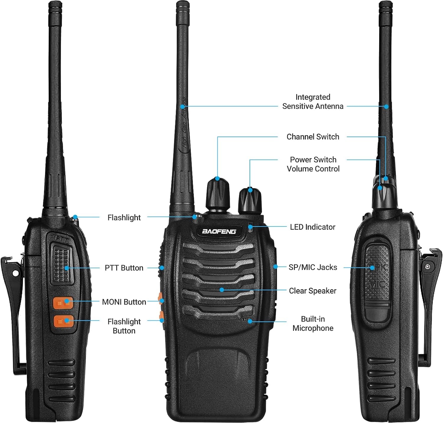 Walkie Talkies Bf-888S Long Range Two-Way Radios for Adults Rechargeable Handheld Interphone Professional UHF Communicator 3 Pack Walky Talky Set with Earpiece,Li-Ion Battery and Charger