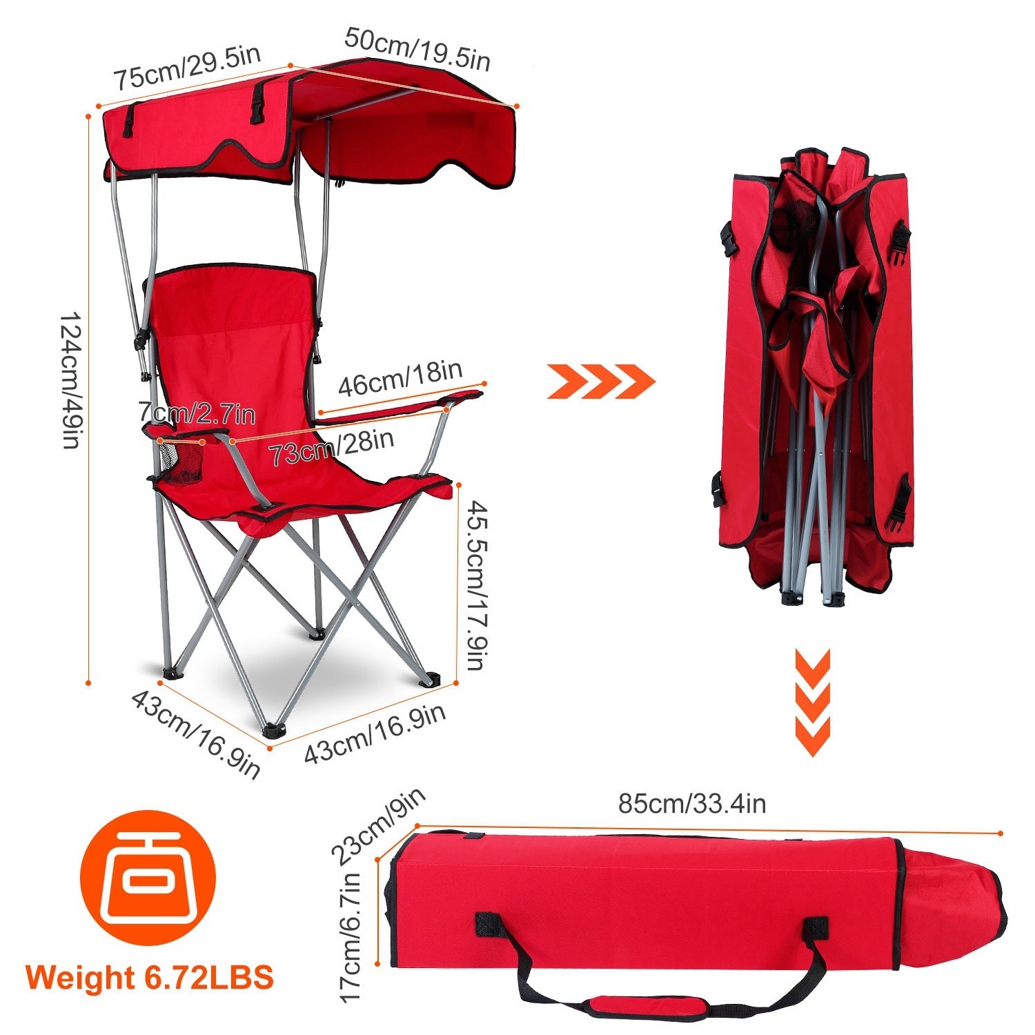 Red camping chair with canopy, dimensions, and carrying case on a white background