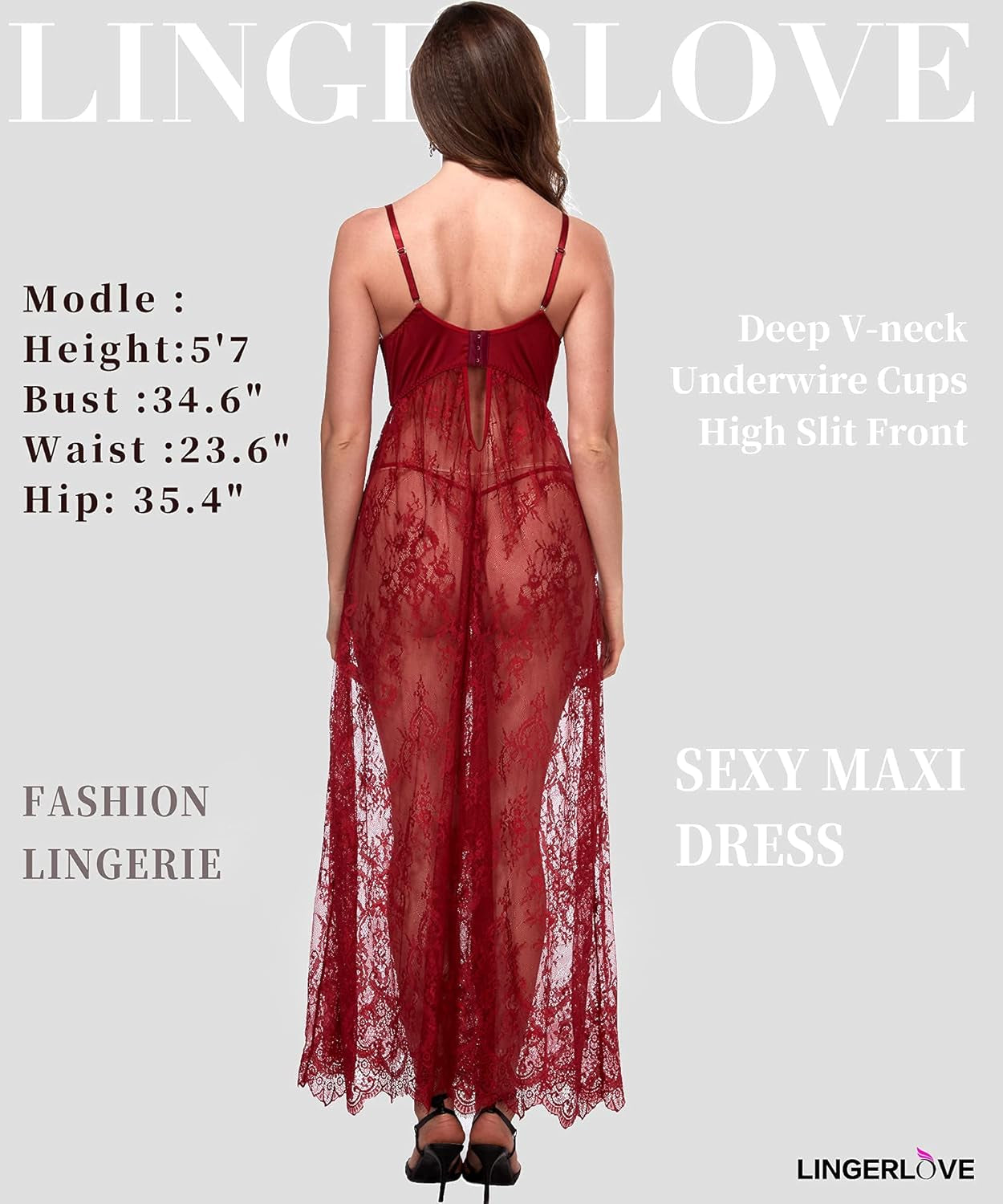 Women Sexy Lingerie Lace High Slit Maxi Long Gown Sheer Dress with Underwire S-4XL