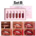Set B of lipsticks with a pink packaging box and color swatches on lips.