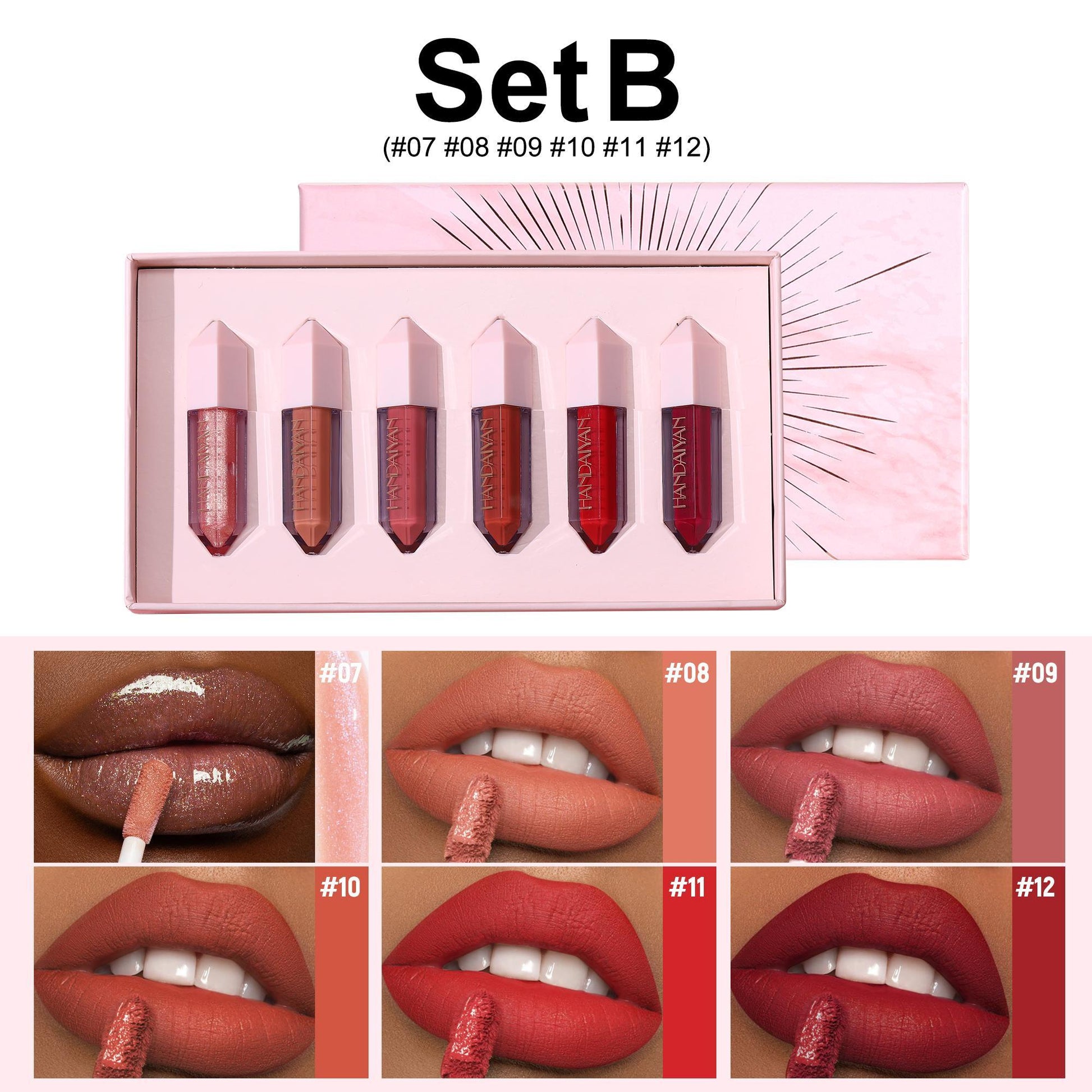 Set B of lipsticks with a pink packaging box and color swatches on lips.