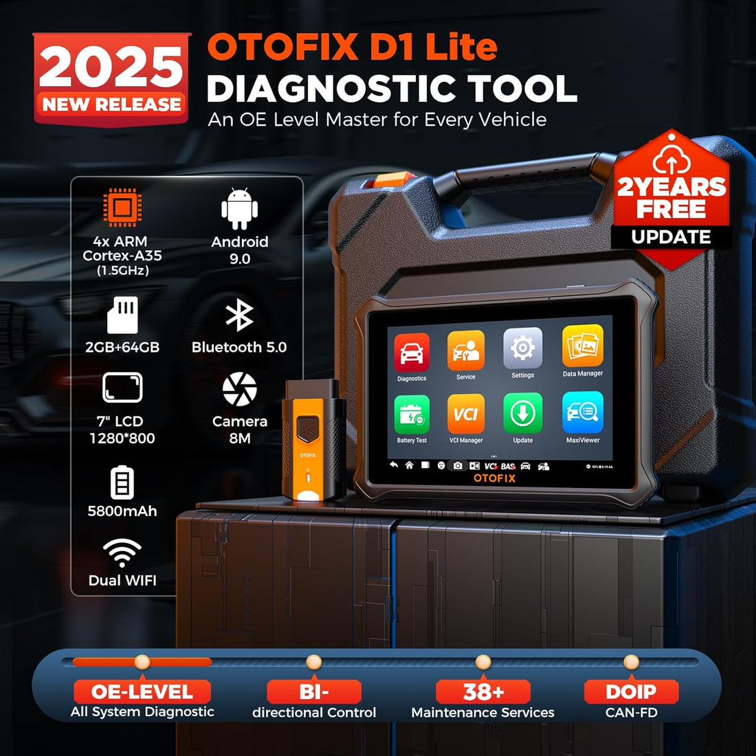 D1 Lite Bidirectional Scan Tool with 2-Year Updates, 2025 Newest All System Automotive Diagnostic Scanner, 38+ Reset Services, FCA Autoauth, Active Test, CANFD&DOIP, Auto VIN