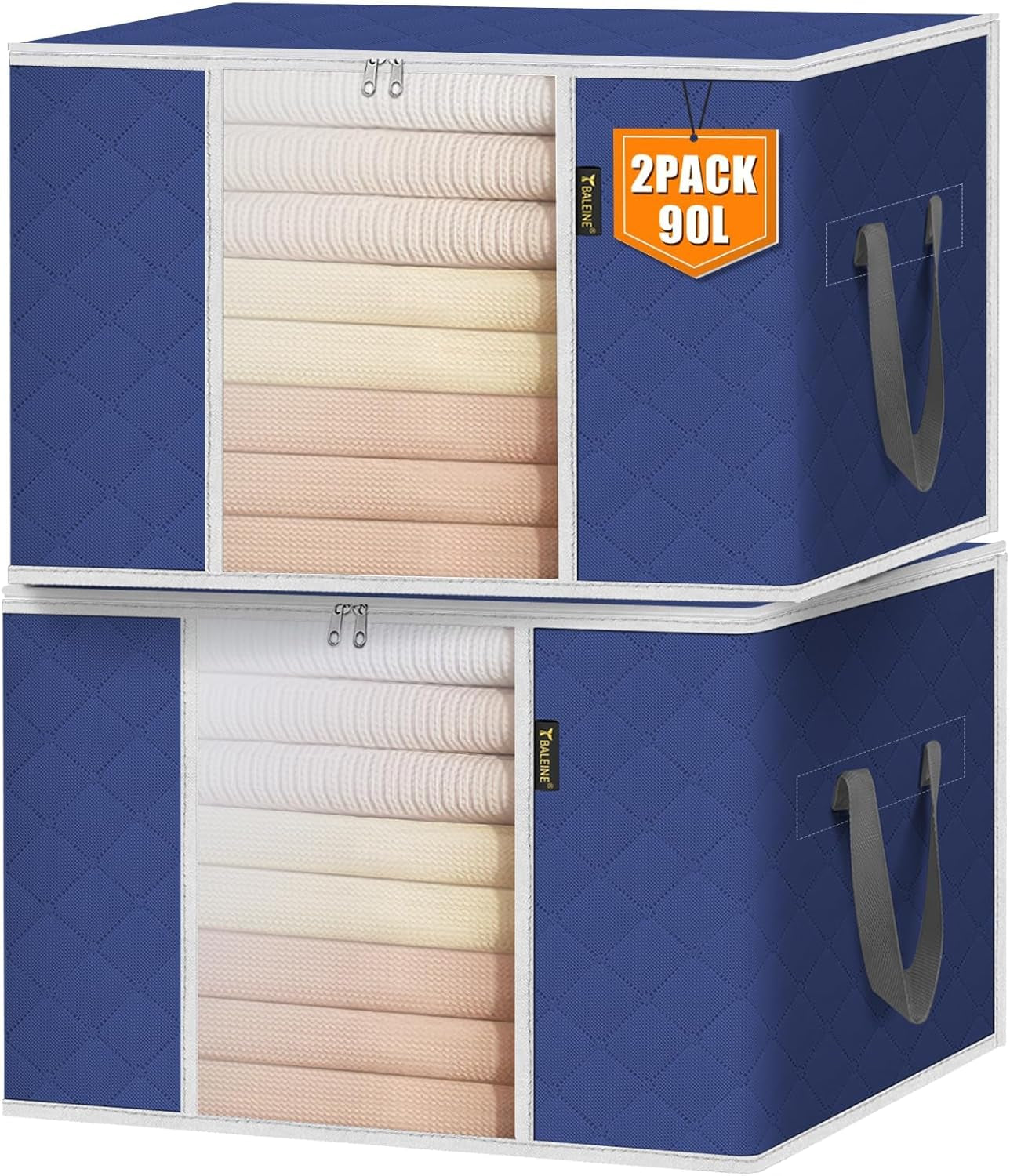 2 Pack Clothes Storage Bags, 24 Gallon Storage Containers with Reinforced Handle, Sturdy Zipper, Closet Organizer for Blanket, Comforter, Pillow, Bedding (Grey, 2 Pack)