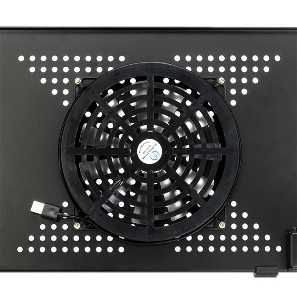 Black cooling fan with USB cable on a perforated black surface