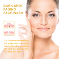 Woman applying turmeric face wash with text about dark spot fading face wash on a white background