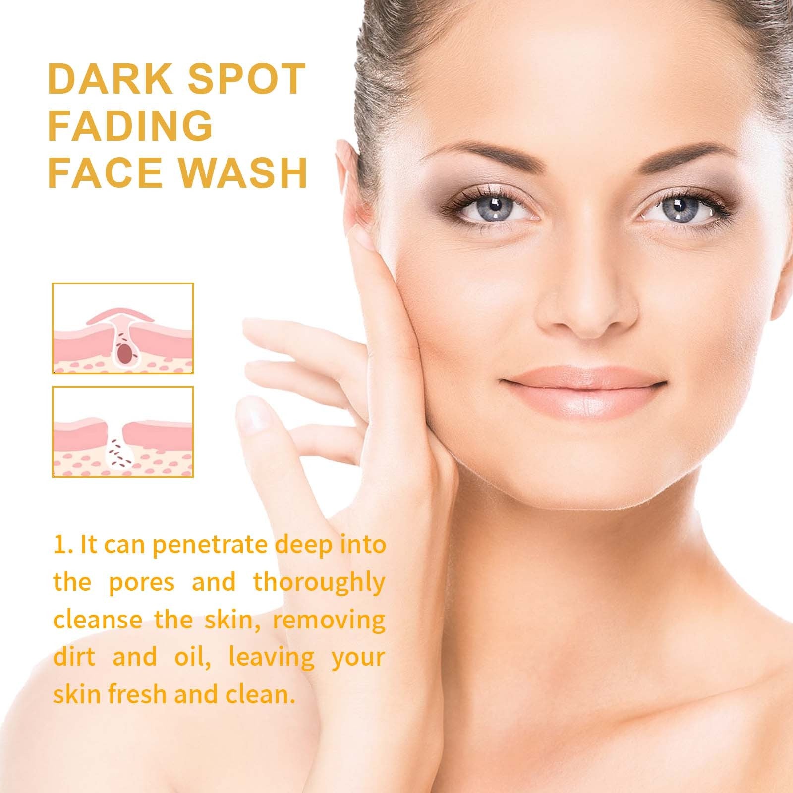 Woman applying turmeric face wash with text about dark spot fading face wash on a white background