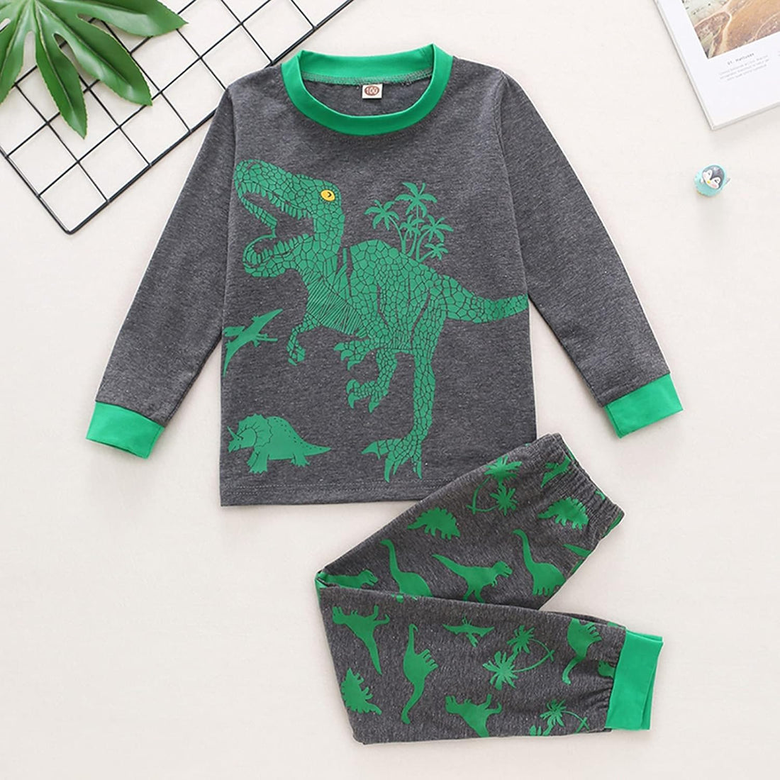 Kids Clothes Set,1-8Years Old Kids Boys Girls Long Sleeve Dinosaur Printed Top and Pants Set Outfit (Dark Gray-02#, 5-6 Years)