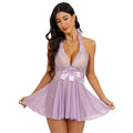 Lingerie for Women Lace Chemise Halter V Sexy Sleepwear with Garter Belt with Thong, Purple M