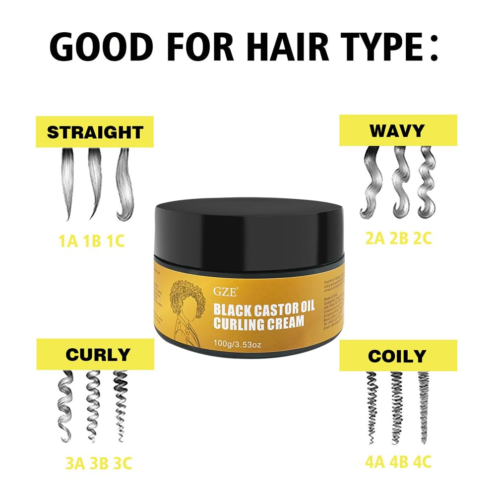 GZE Black Castor Oil Curling Cream - Curl Enhancer & Frizz Control for Curly Hair, Defines Curls Styling Cream 3.53Oz
