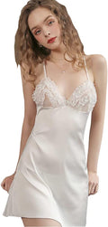 Lace Hollow Nightgown Satin Sling Sexy Lingerie V Neck Nightwear Chemise Suspender Skirt Set for Women