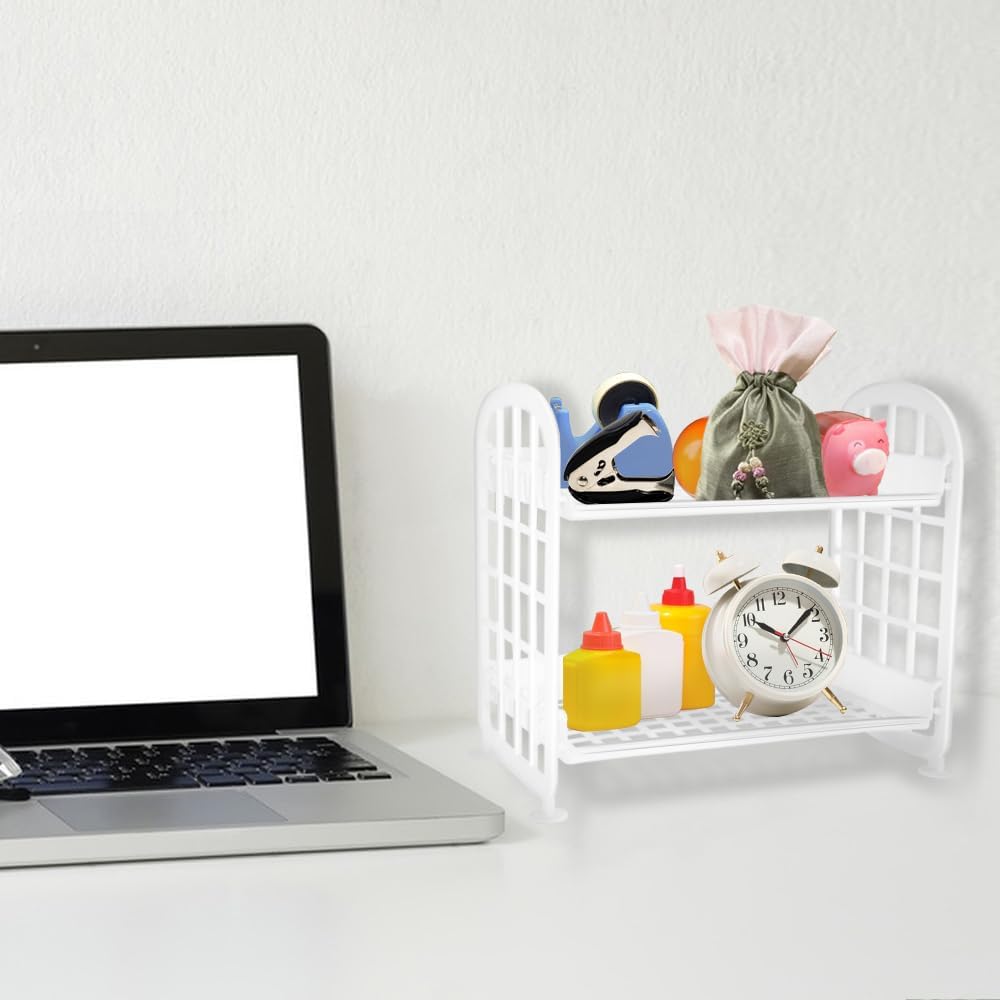 Desktop Rack Cosmetic Stationery Storage Holder, 2-Tier Multifunctional Plastic Shelf Makeup Organizer for Skincare Office Kitchen Bedroom Bathroom Home (White)