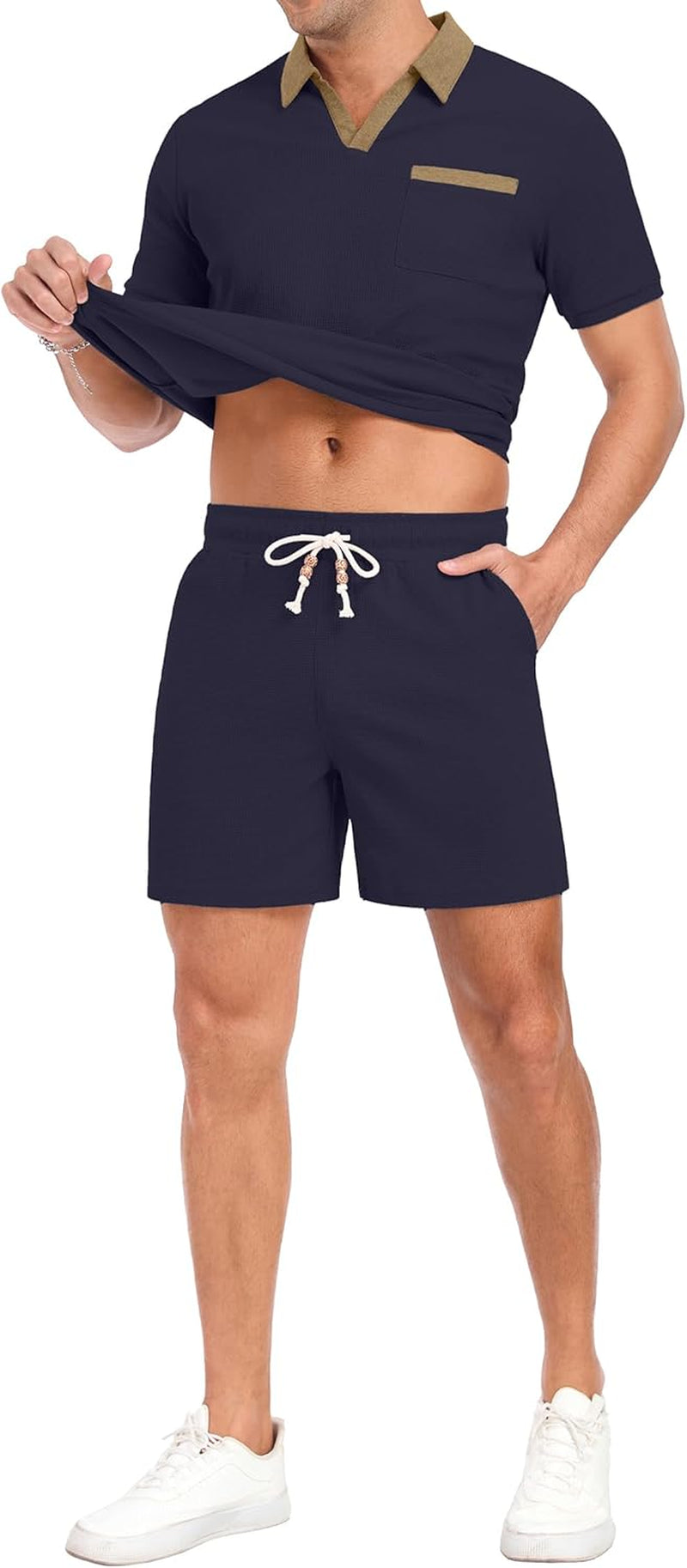 Men'S Summer Track Suits Waffle Knit Polo Shirt and Shorts Set Casual 2 Pieces Outfits with Pockets