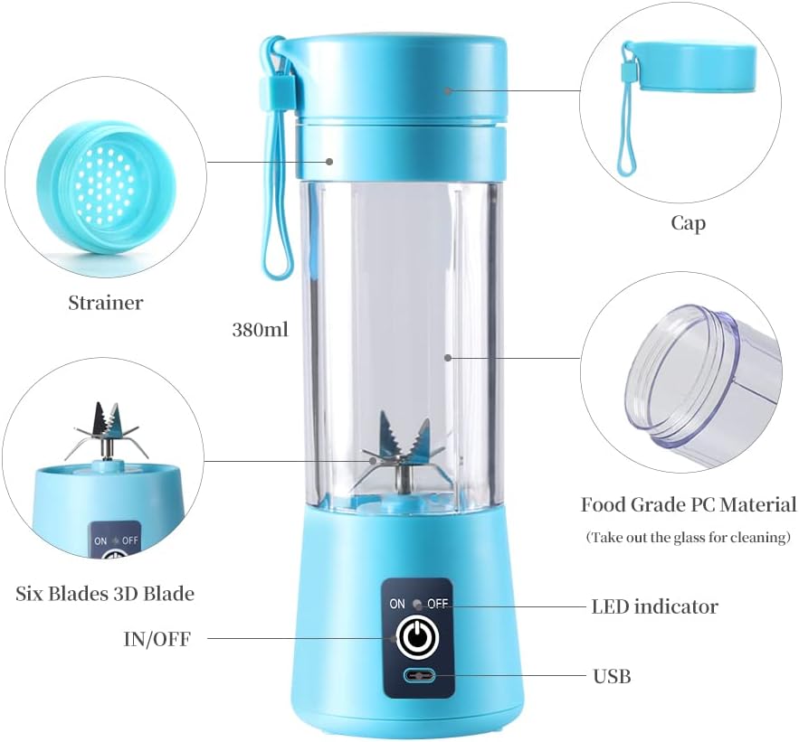 Portable Electric USB Juicer Blender Cup - Mini Blender for Shakes, Smoothies & Juice - 380Ml, Six Blades - Blue