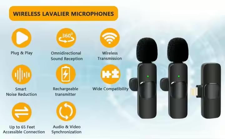 2-Pack 2-In-1 Wireless Lavalier Microphone – Noise-Canceling Clip-On Mic for Iphone & Android, 20M Range. Perfect for Videos, Vlogging, Interviews & Meetings. USB-C & Lightning Compatible.