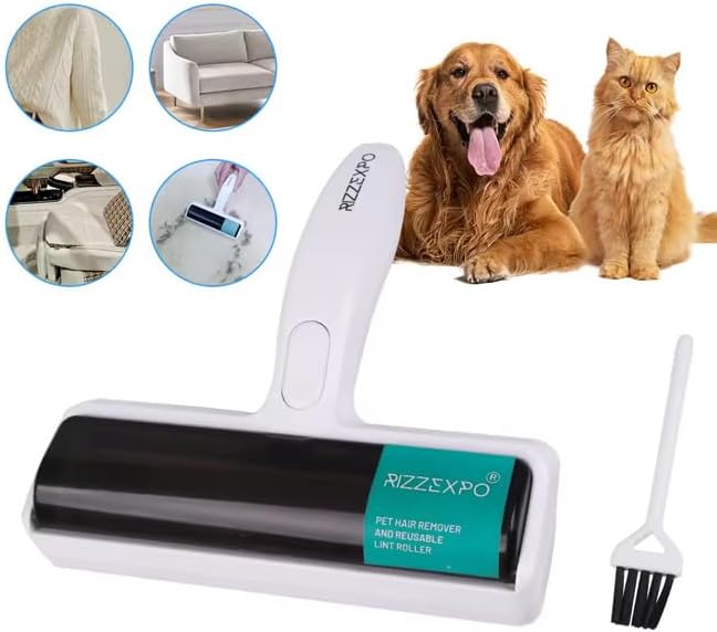 Reusable Lint Roller with Brush, Lint Roller for Cat Hair & Dog Fur, Ideal for Furniture, Carpets, Clothing & Bedding, Pet Hair Remover, Cat & Dog Hair Remover Tool