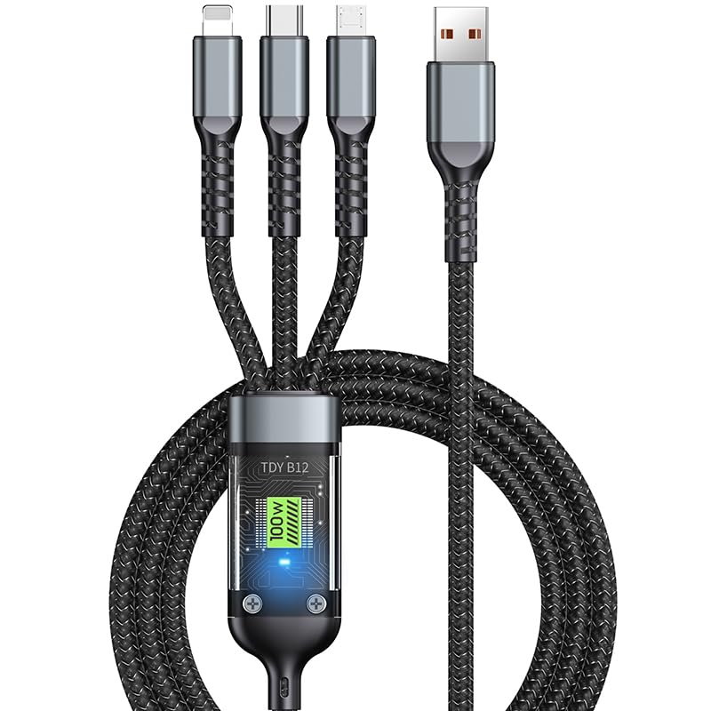 3 in 1 Multi Charging Cable, 100W Fast Charge for Multiple Devices, Braided Universal Phone Charger Cord with Type-C, Micro USB, IP Port for Iphone16/15/14/13/Ipad/Android Phones and More (1)