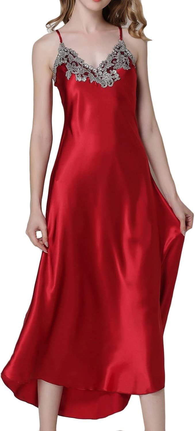 Satin Nightgowns for Women Long Silk Nightdress Vintage Lace Chemise Maxi Sleepwear