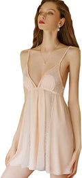 Lace Hollow Nightgown Satin Sling Sexy Lingerie V Neck Nightwear Chemise Suspender Skirt Set for Women