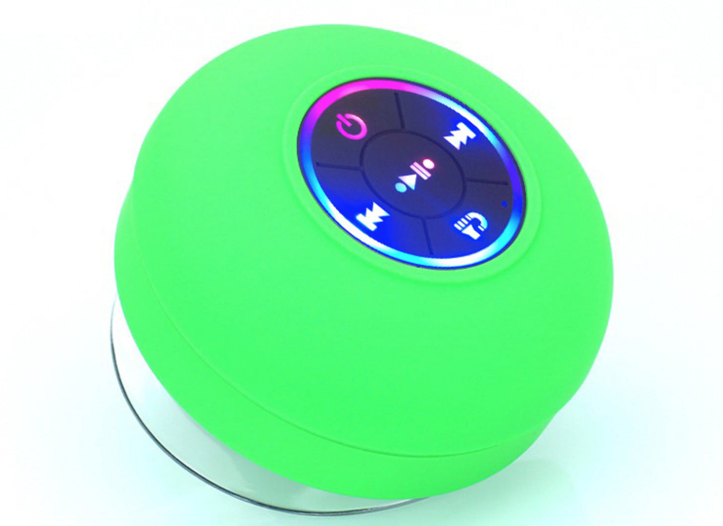 Green round electronic device with control buttons on a white background