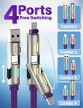 240W 4-In-1 USB C Multi Charger Cable with LED Indicator, PD 5A Fast Charging & Data Sync, Silicone, Compatible for Iphone, Samsung, Laptop, 4FT (Purple)
